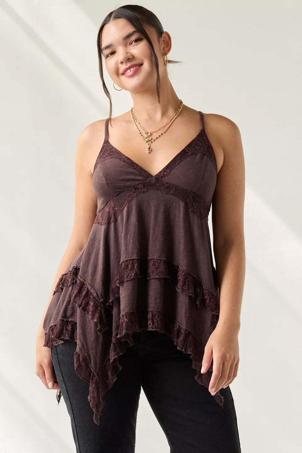 Women's Asterid Lace Trim Asymmetric Babydoll Cami