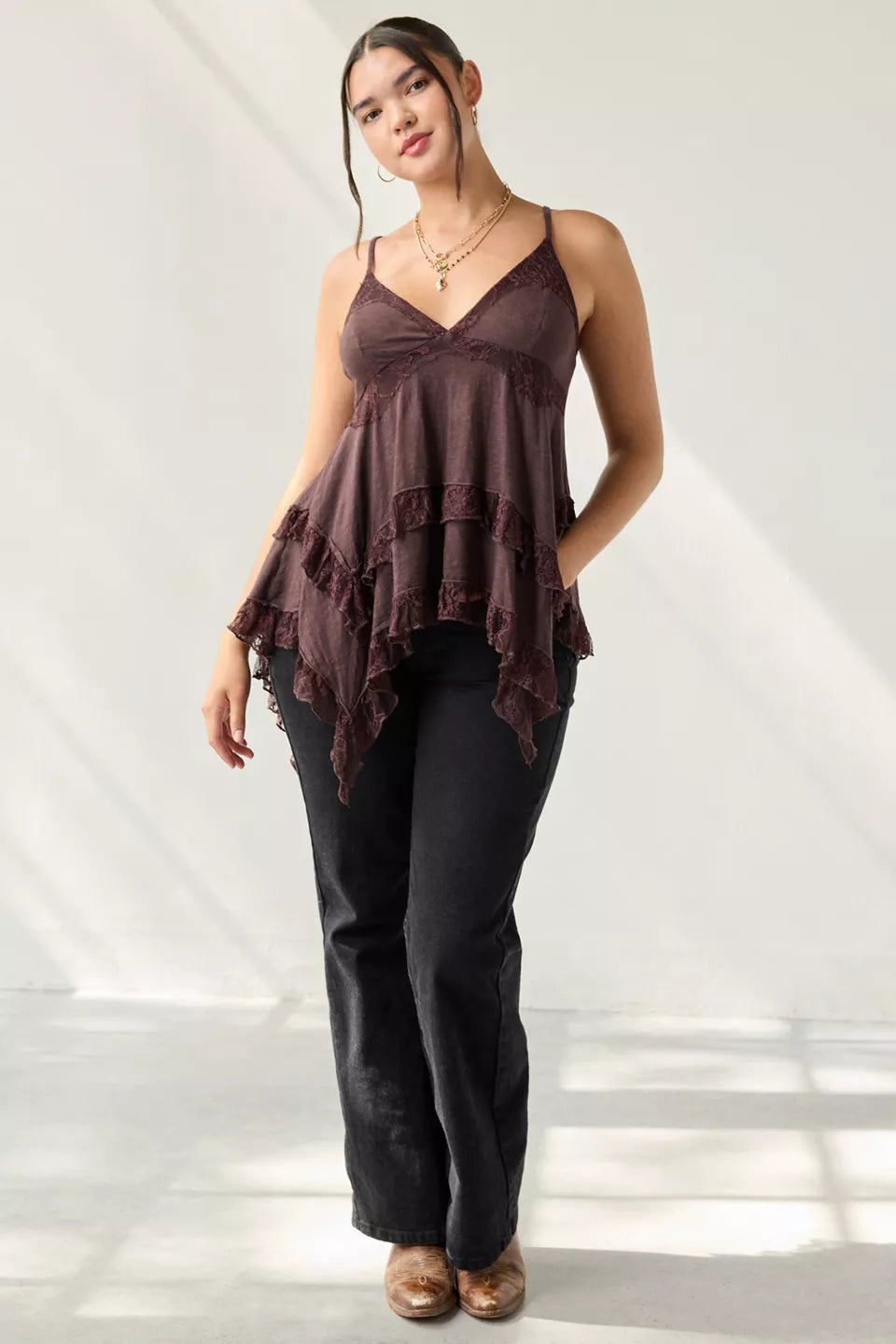 Women's Asterid Lace Trim Asymmetric Babydoll Cami