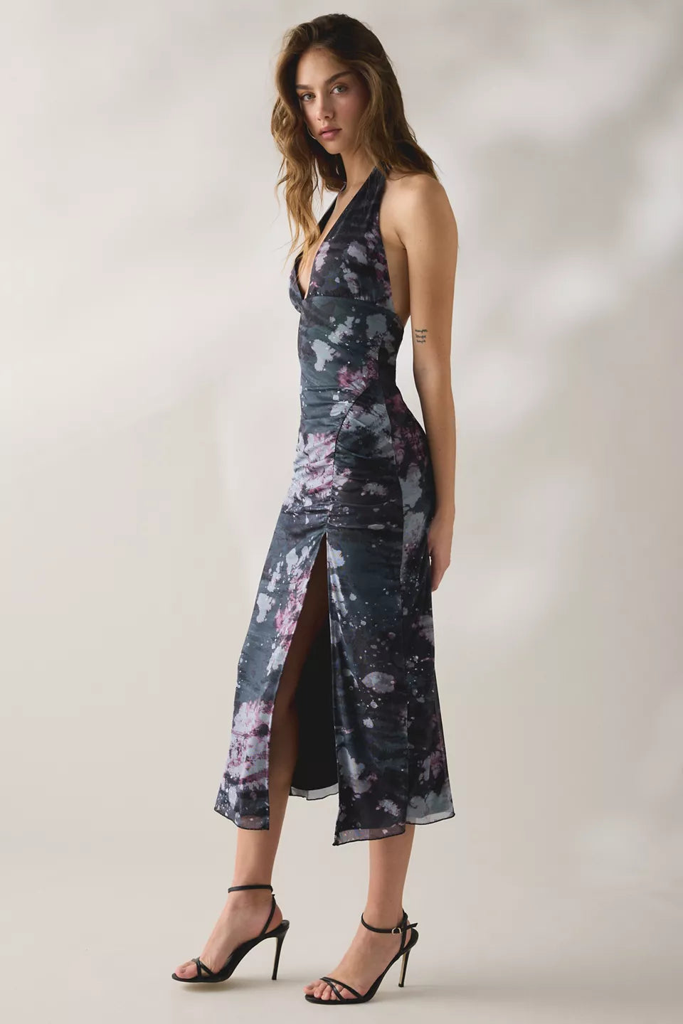 Women's Deep Plunge Halter Ruched Mesh Midi Dress