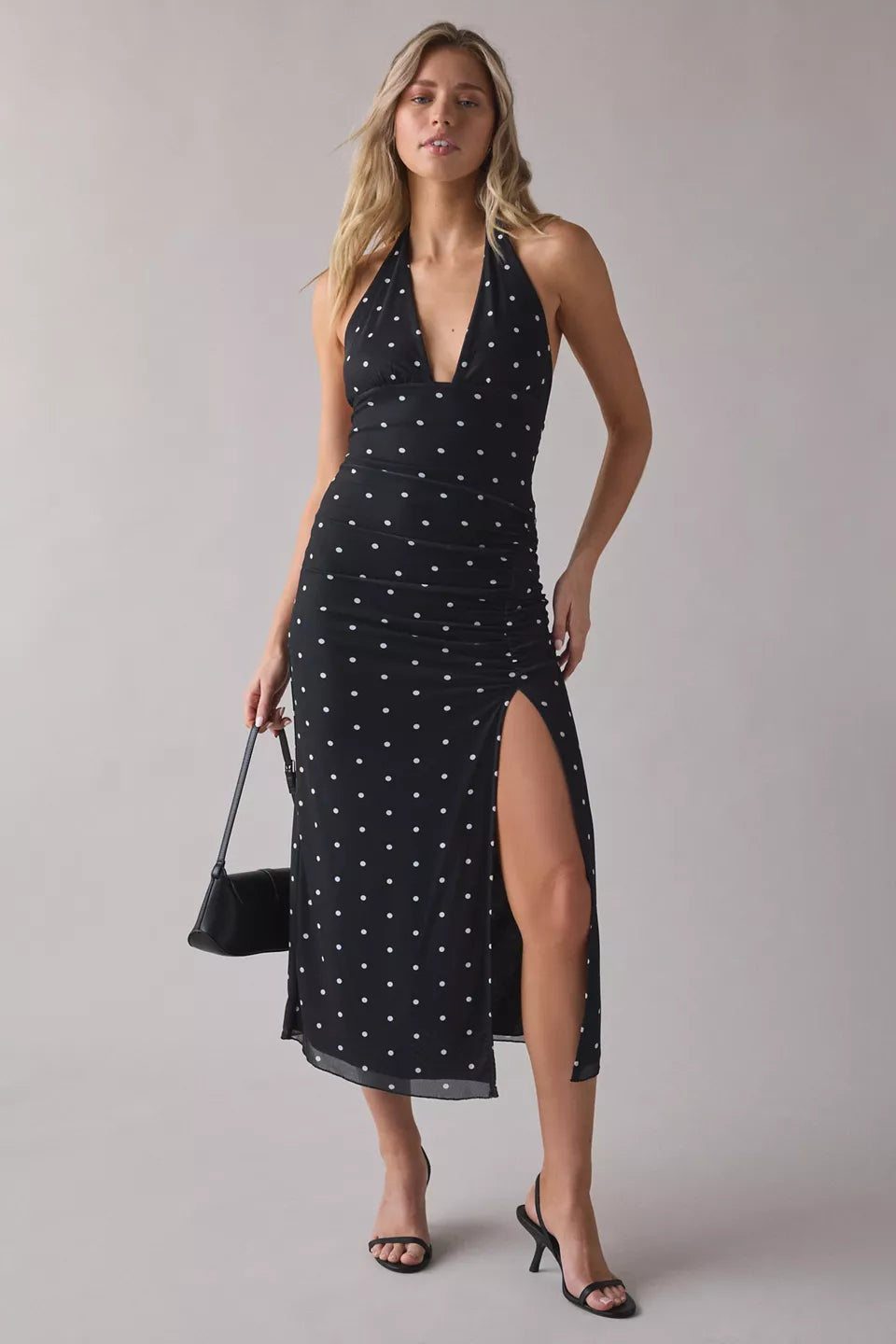 Women's Deep Plunge Halter Ruched Mesh Midi Dress