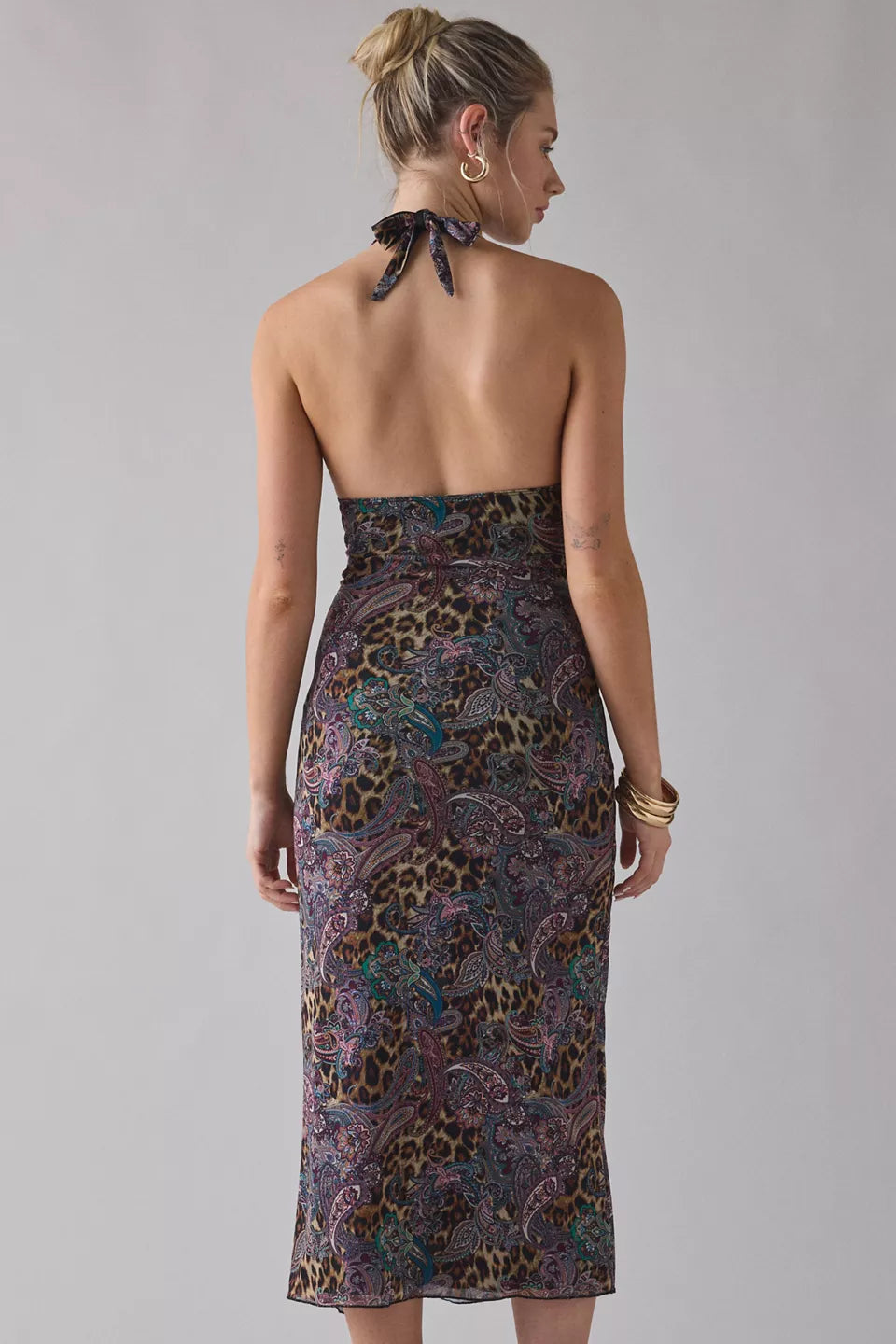 Women's Deep Plunge Halter Ruched Mesh Midi Dress