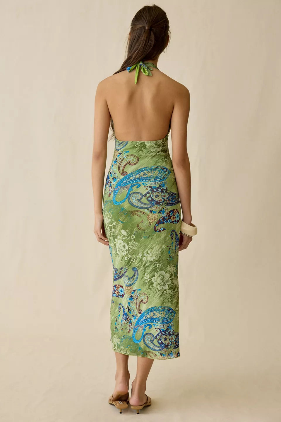 Women's Deep Plunge Halter Ruched Mesh Midi Dress