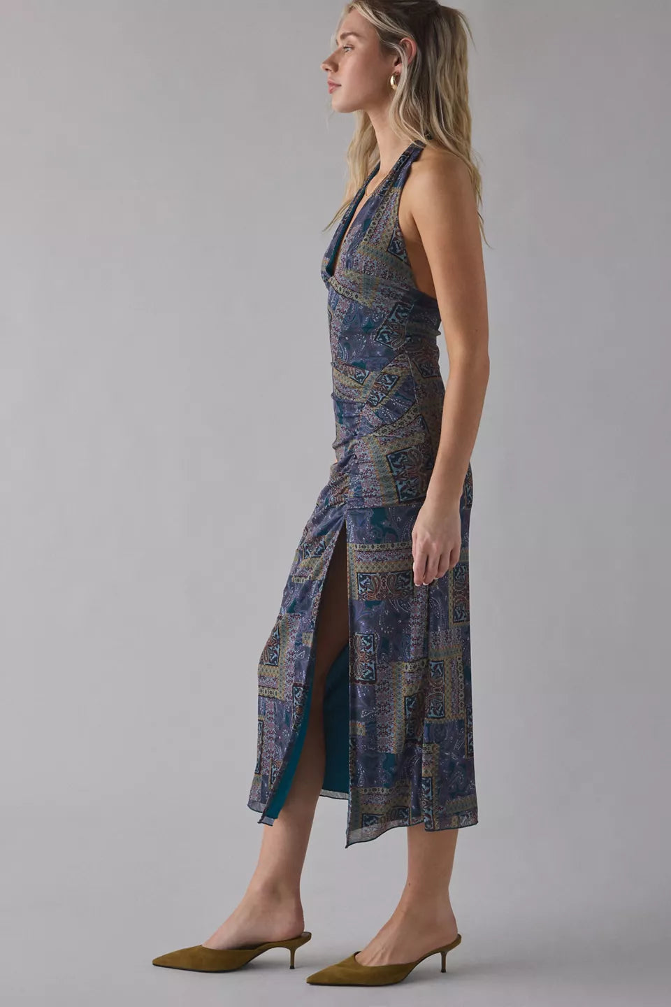 Women's Deep Plunge Halter Ruched Mesh Midi Dress