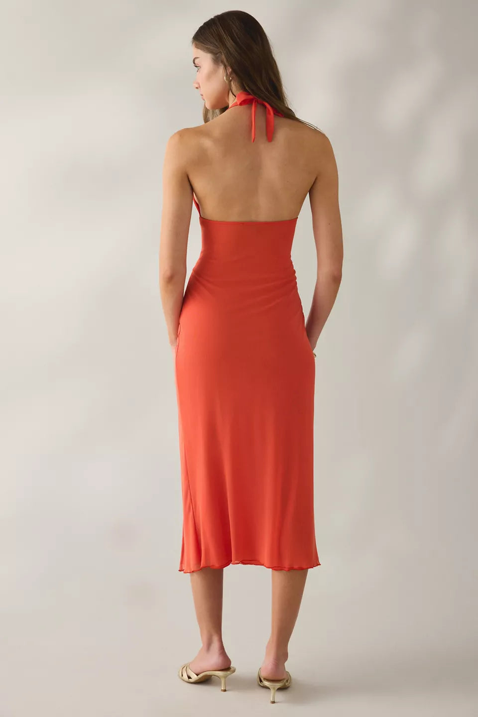 Women's Deep Plunge Halter Ruched Mesh Midi Dress