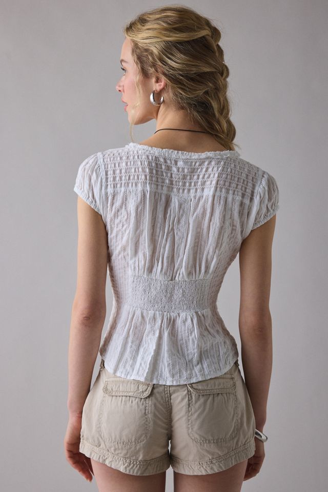 Kimchi Blue Women's Robyn Ruffle Lace Trim Puff Sleeve Button-Up Blouse