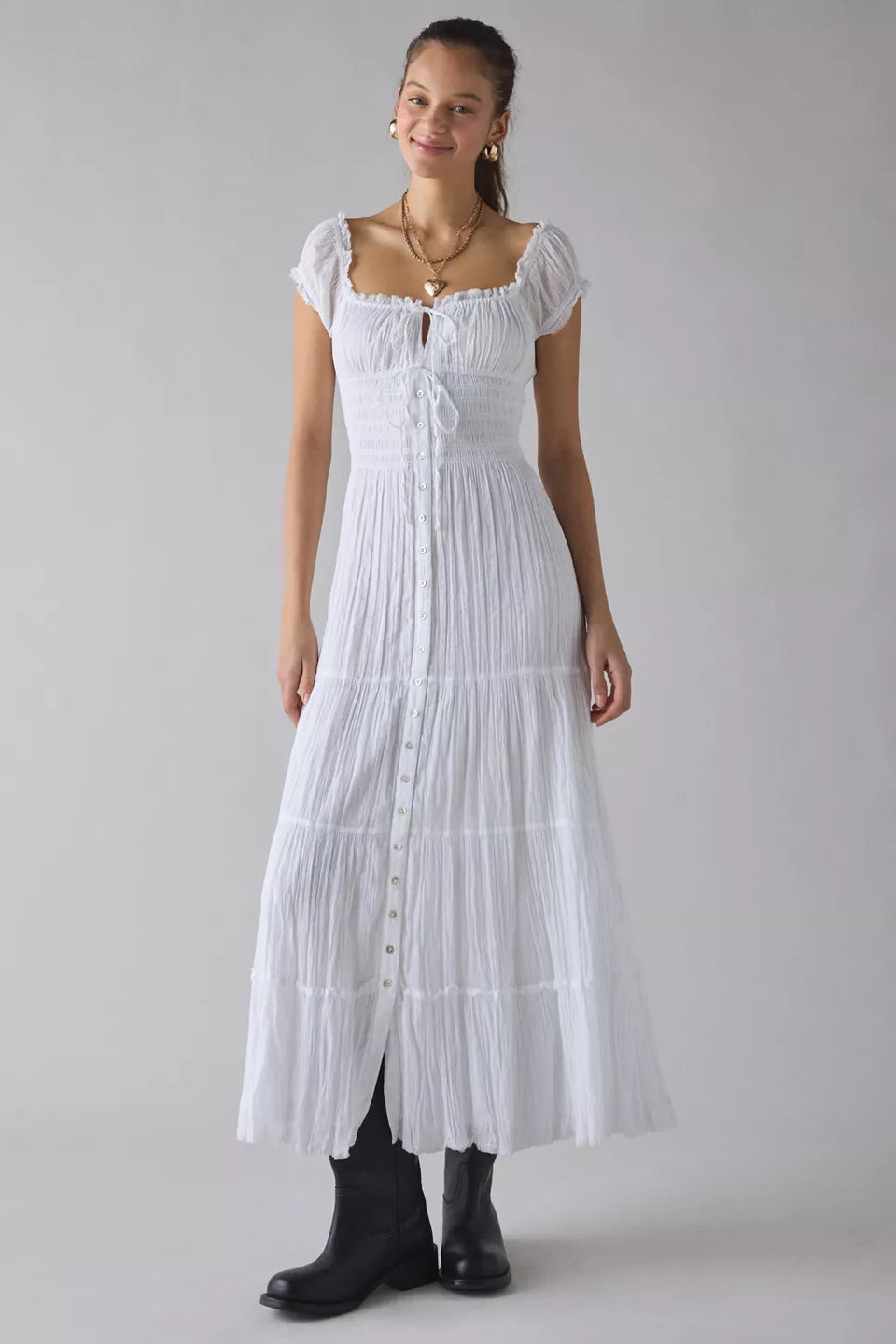 Women's Samira Puff Sleeve Smocked Button-Front Layering Maxi Dress