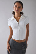 Urban Outfitters Women's Ledia Slim Short Sleeve Zip-Front Shirt