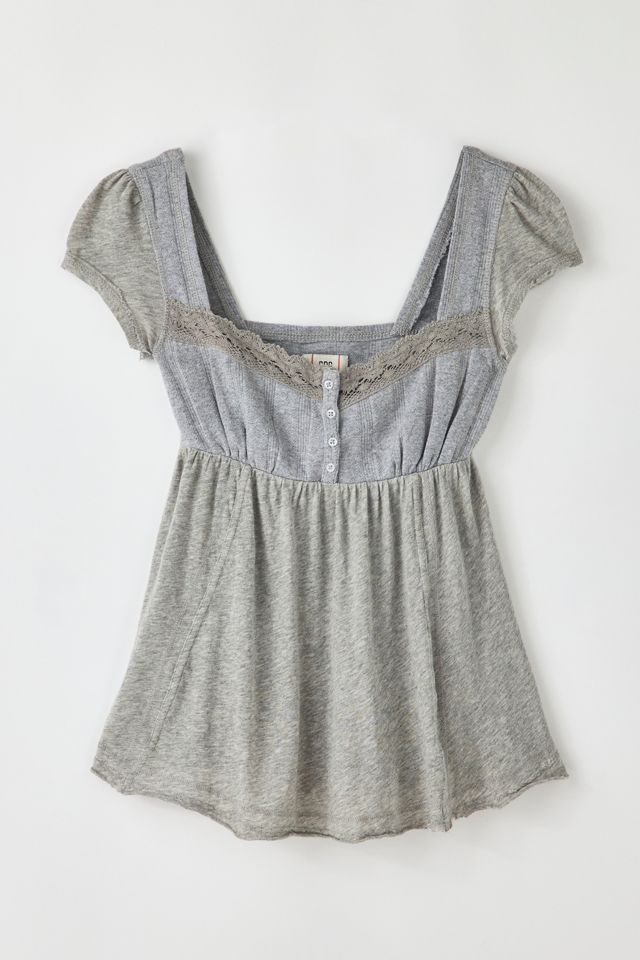 BDG Women's Sawyer Lace Trim Short Sleeve Babydoll Top