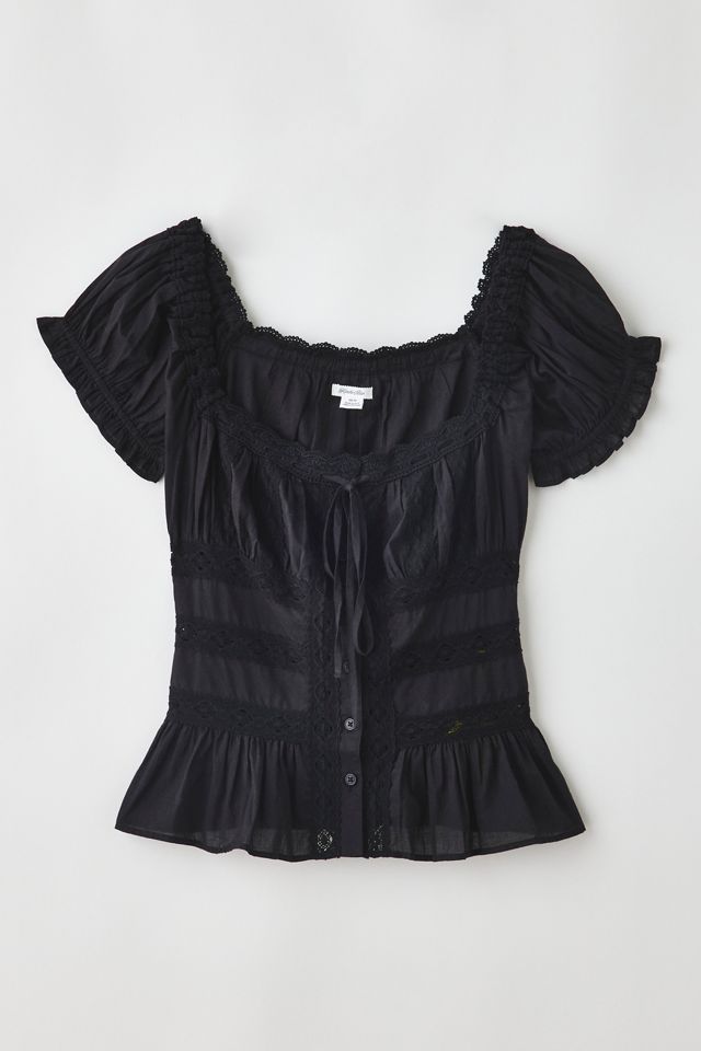 Kimchi Blue Women's Nora Lace Trim Puff Sleeve Button-Up Blouse