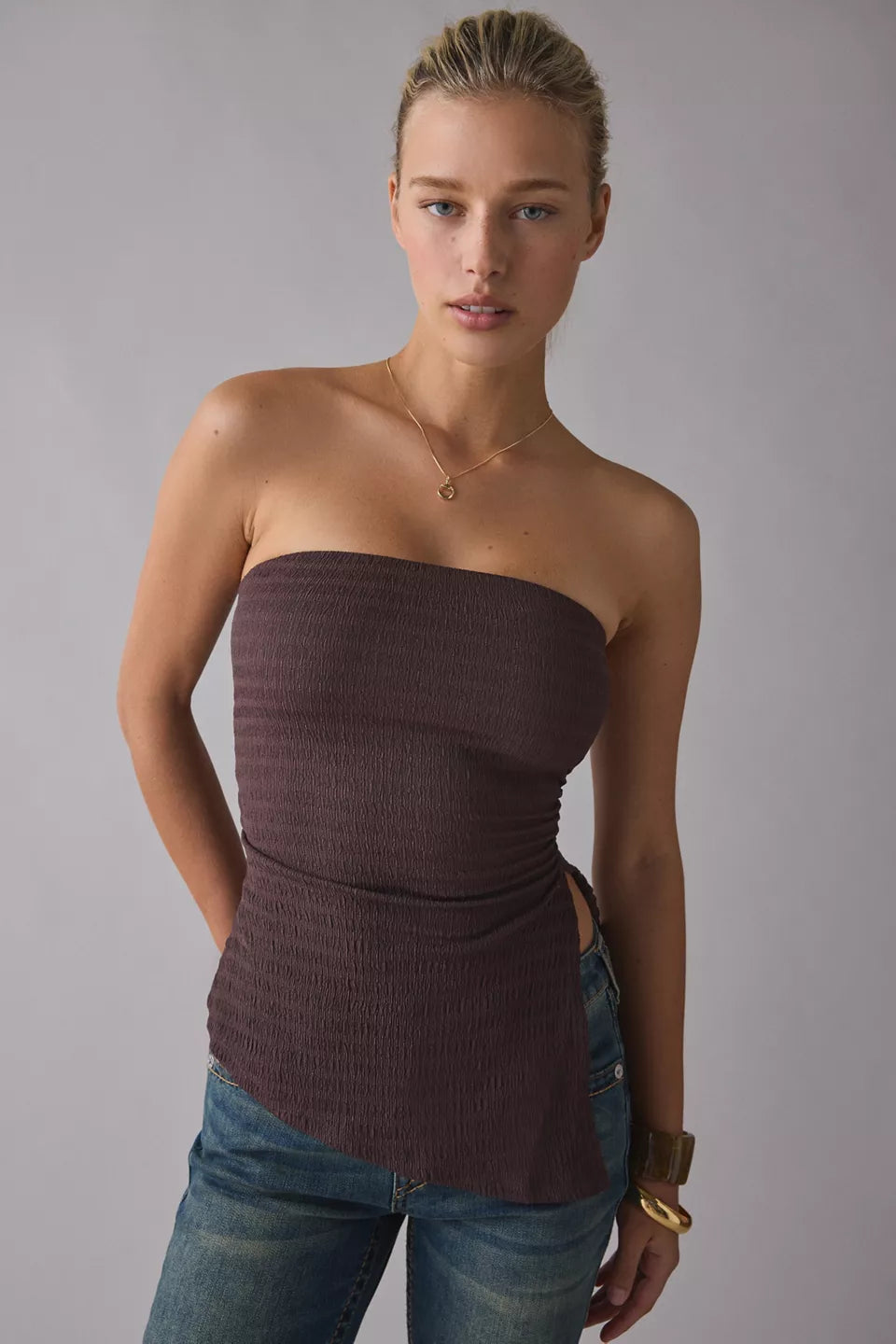 UO Afterparty Asymmetric Side-Slit Flyaway Tube Top
