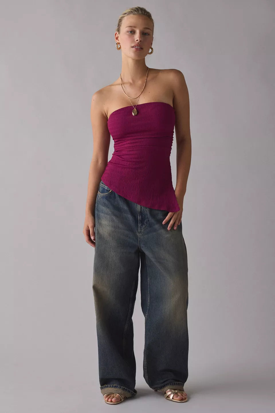 UO Afterparty Asymmetric Side-Slit Flyaway Tube Top