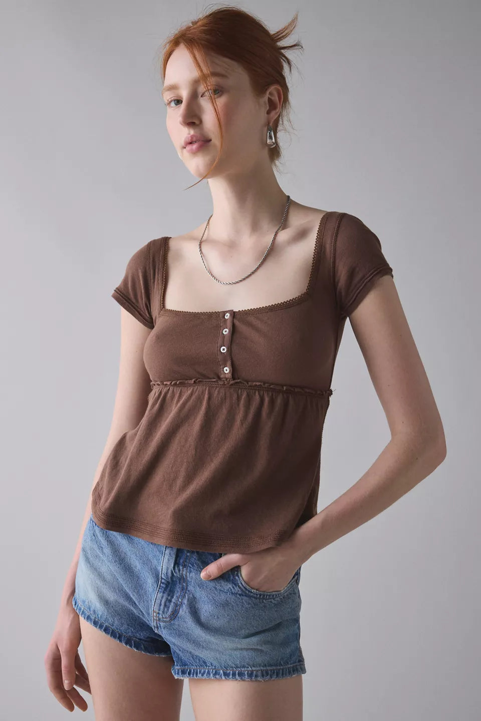 Women's Brittney Square Neck Henley Babydoll Tee