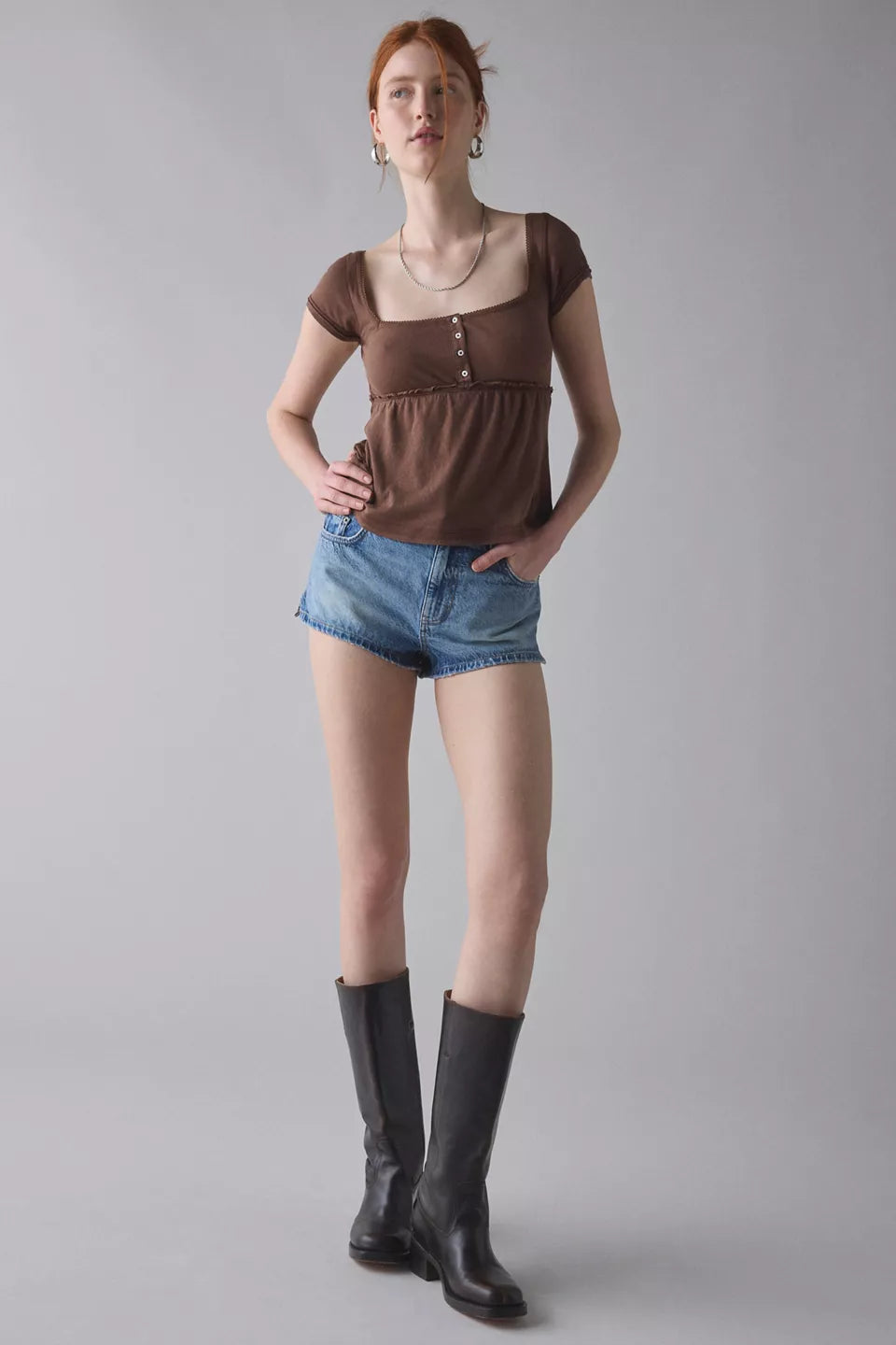 BDG Women's Brittney Square Neck Henley Babydoll Tee