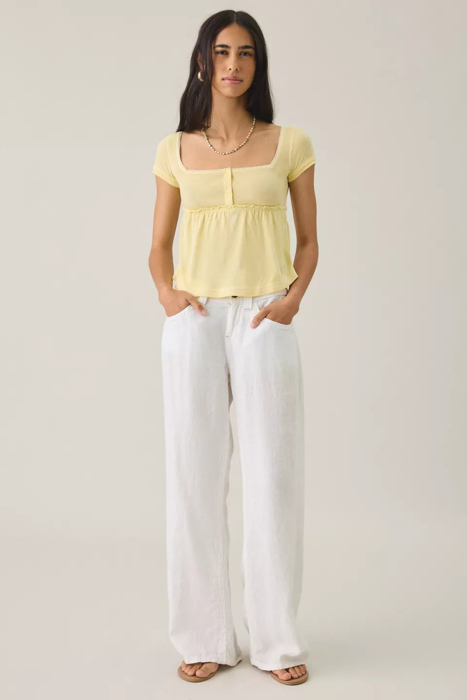 BDG Women's Brittney Square Neck Henley Babydoll Tee