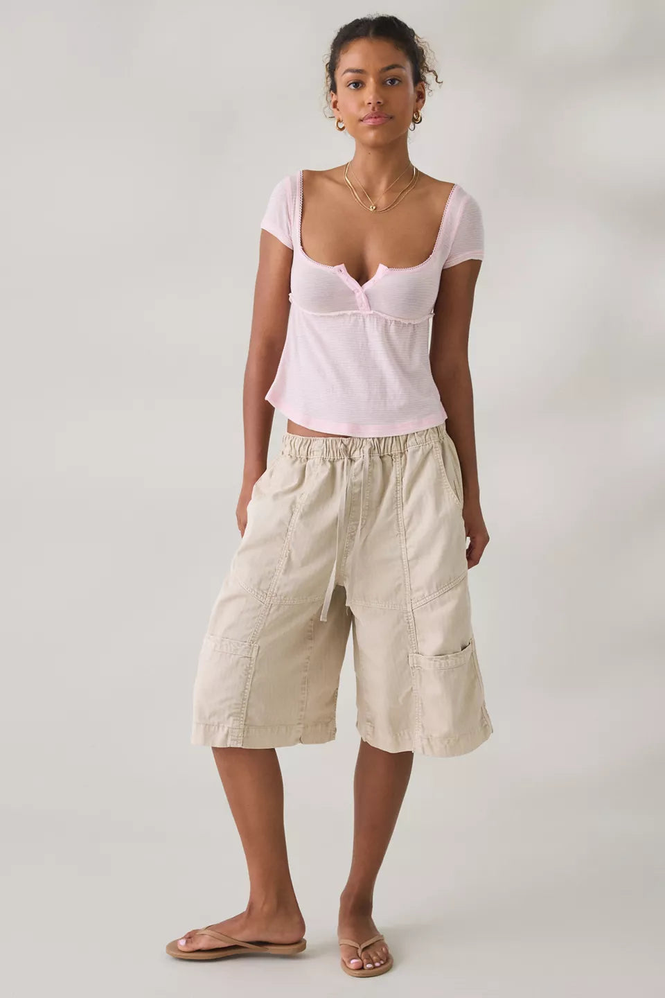 BDG Women's Brittney Square Neck Henley Babydoll Tee