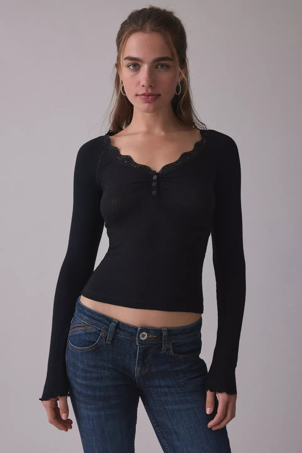 Women's Diana Lace-Trim Long Sleeve Henley Top