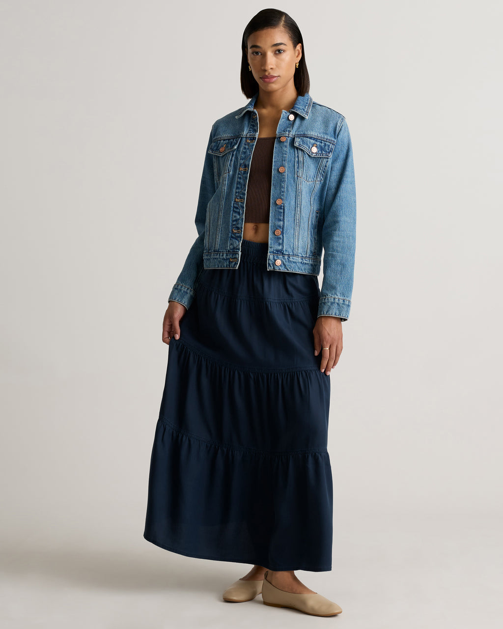 Quince Women's Vintage Wash Tencel Tiered Maxi Skirt