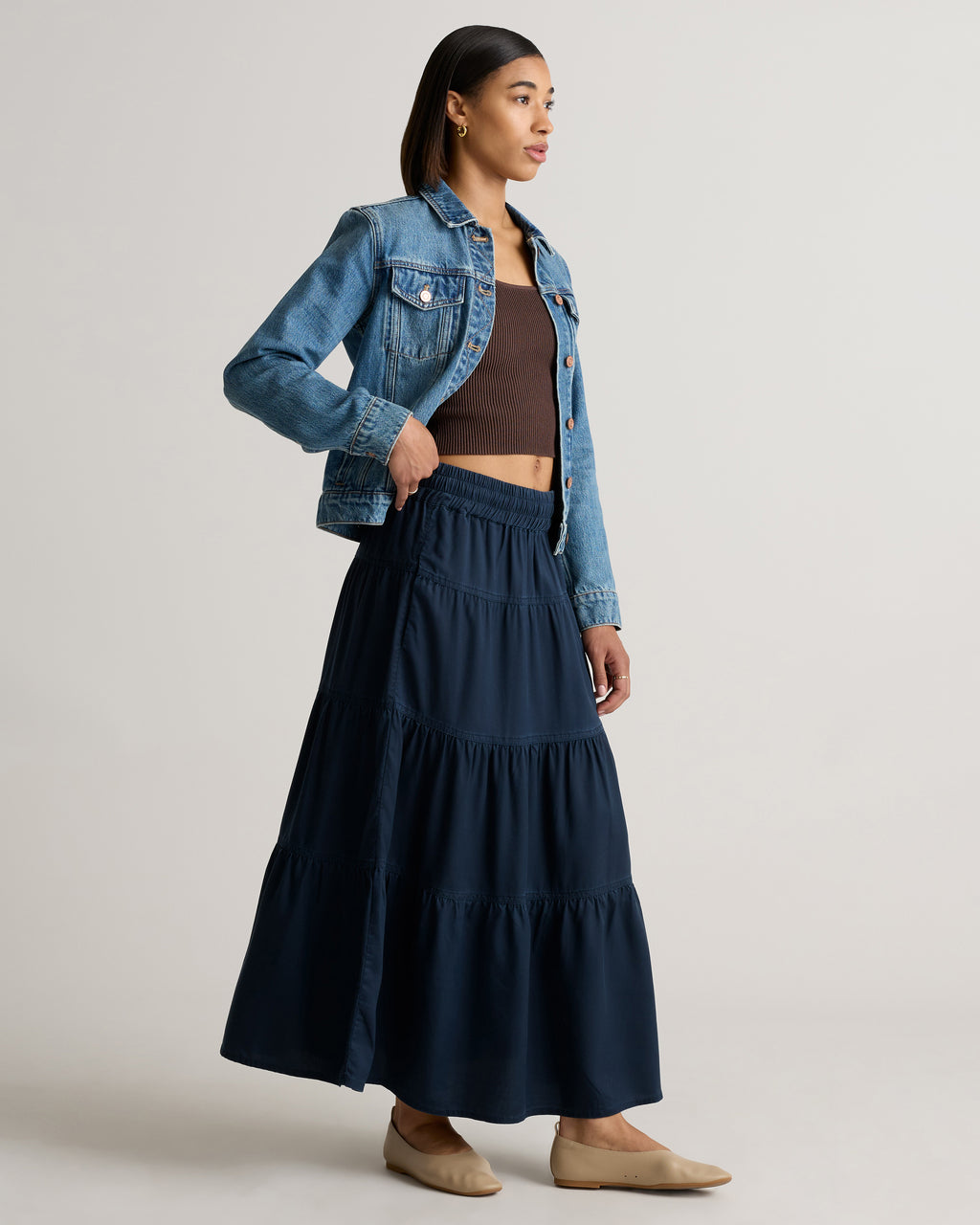 Quince Women's Vintage Wash Tencel Tiered Maxi Skirt