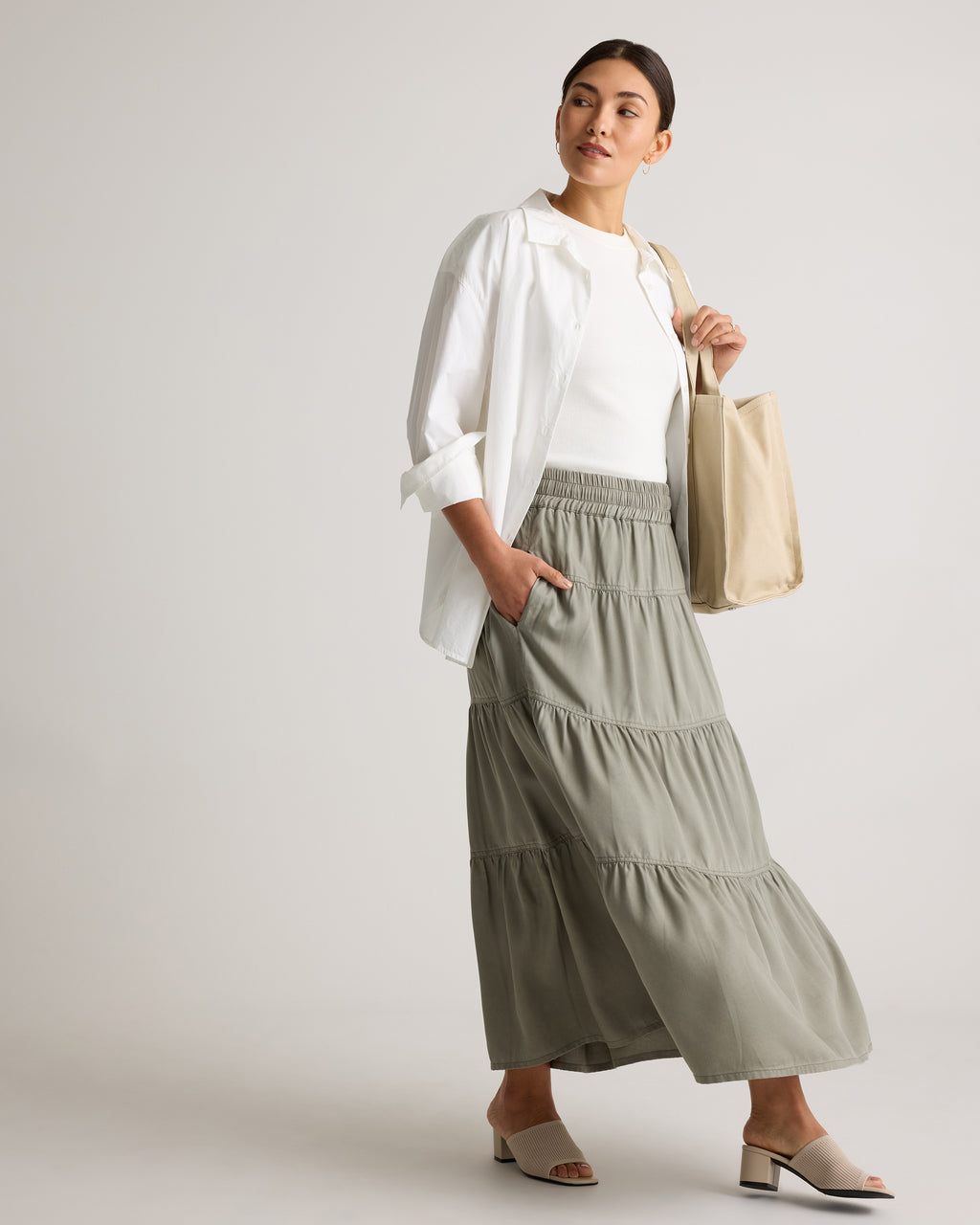 Quince Women's Vintage Wash Tencel Tiered Maxi Skirt