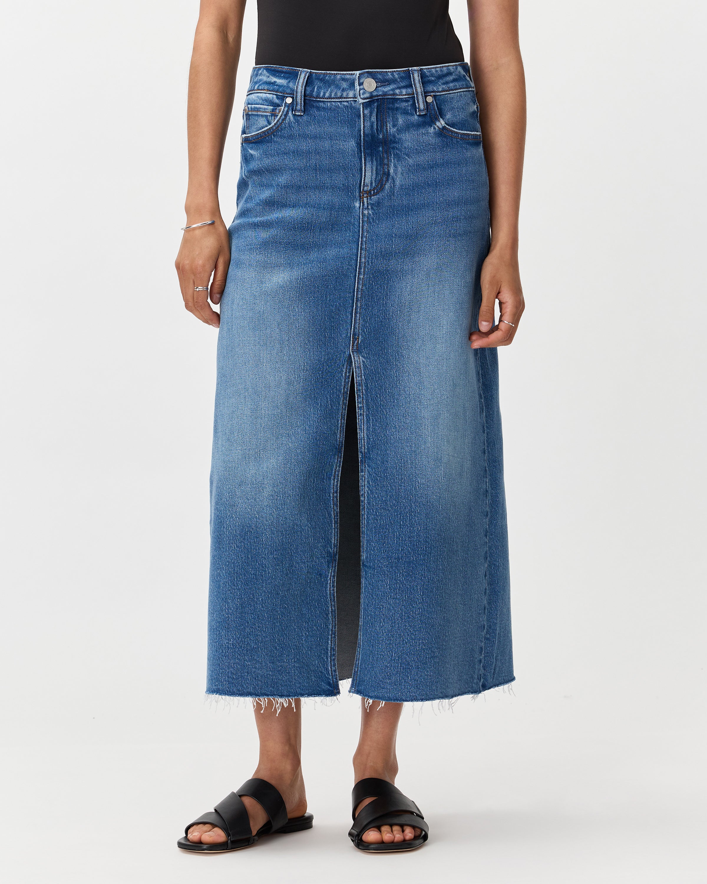 Quince Women's Stretch Denim 5-Pocket Midi Skirt