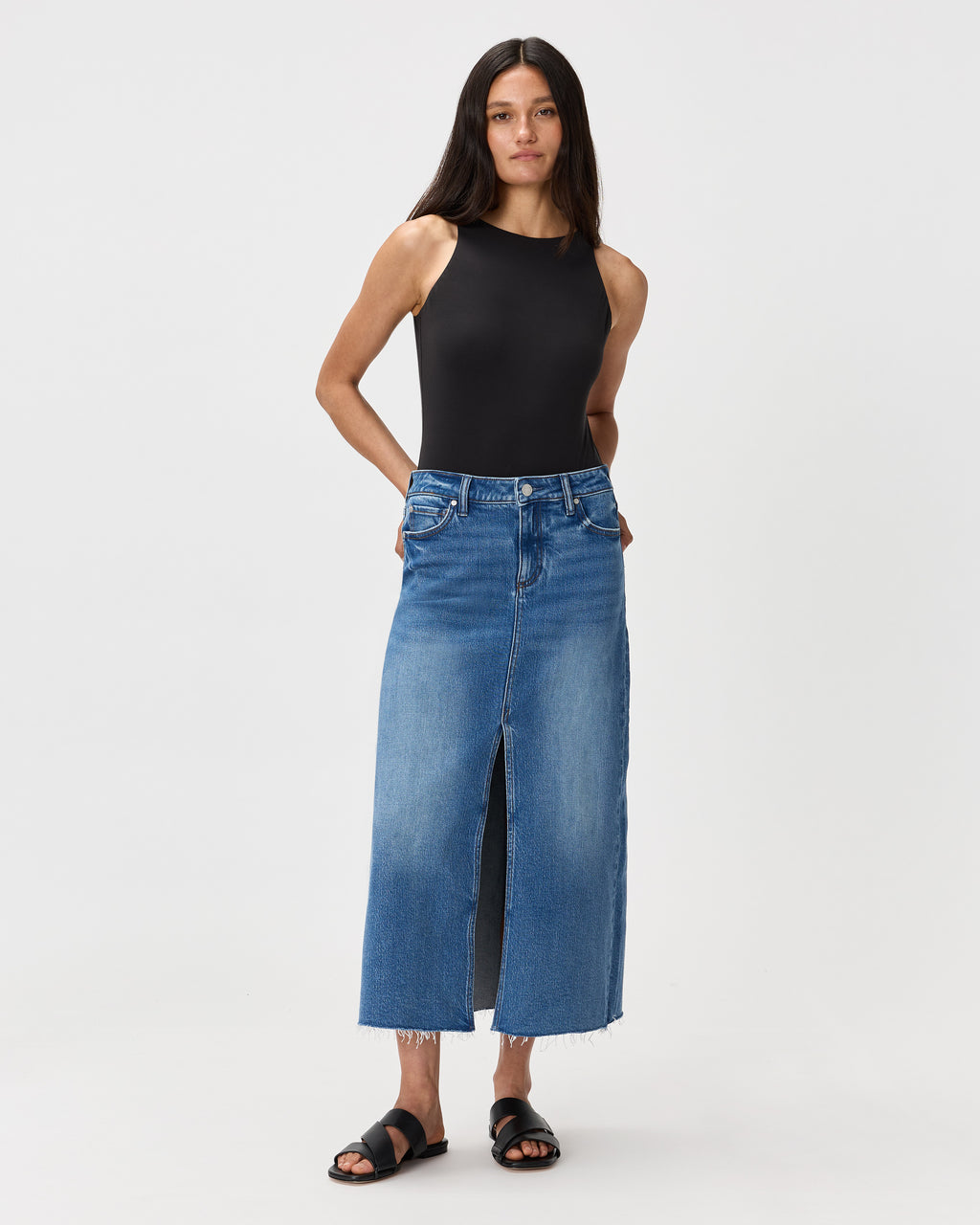 Quince Women's Stretch Denim 5-Pocket Midi Skirt