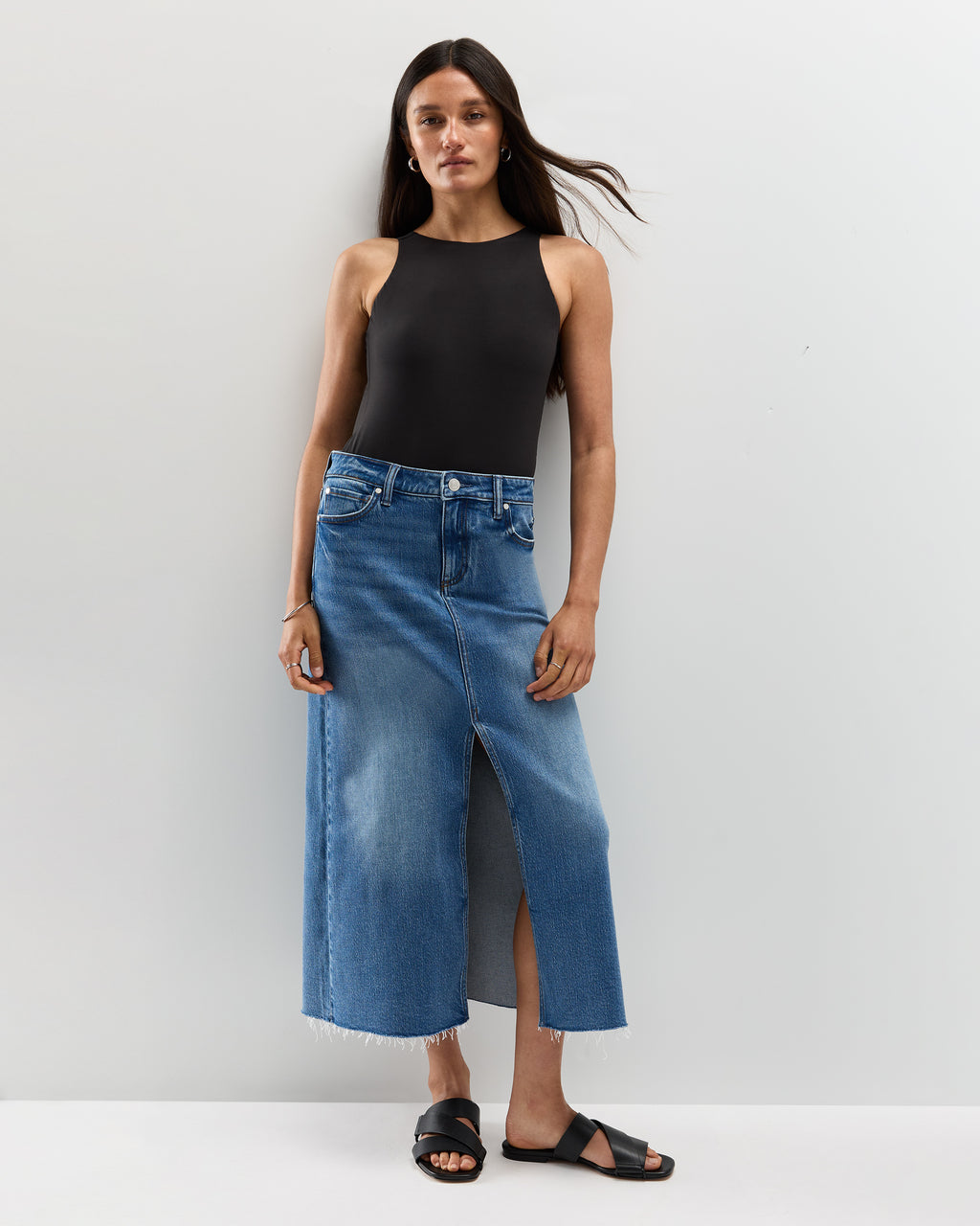 Quince Women's Stretch Denim 5-Pocket Midi Skirt