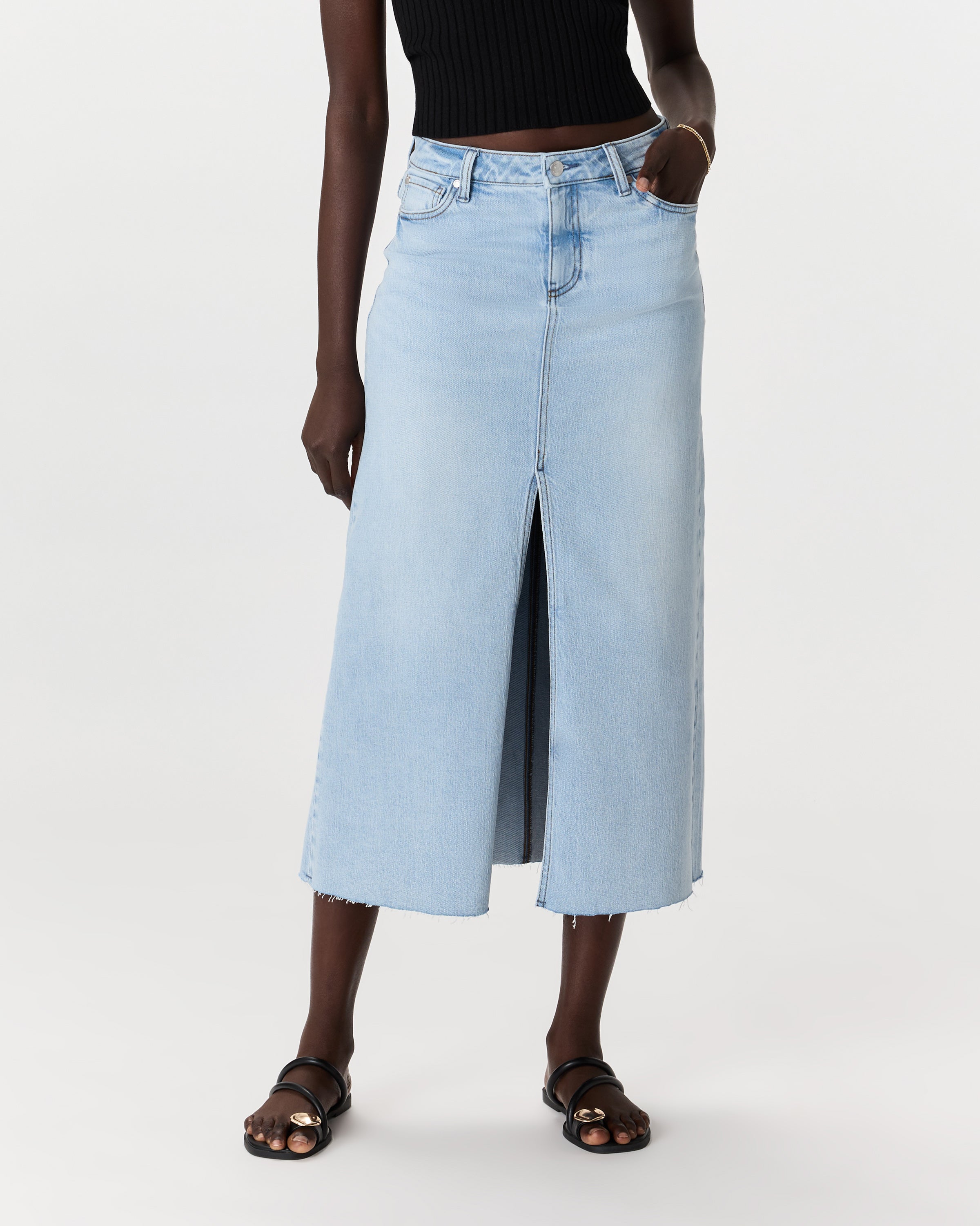 Quince Women's Stretch Denim 5-Pocket Midi Skirt