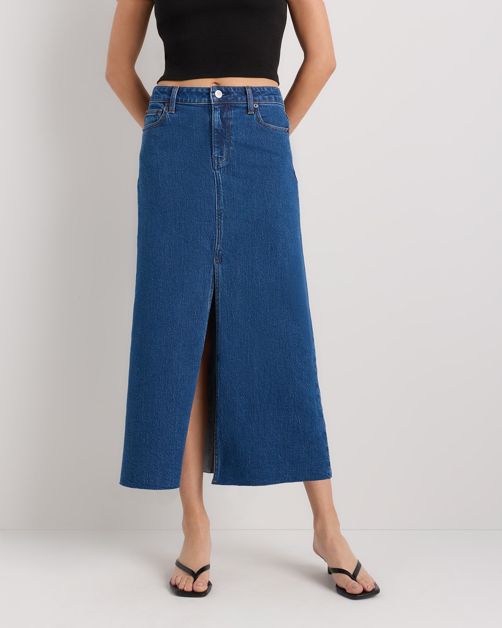 Quince Women's Stretch Denim 5-Pocket Midi Skirt