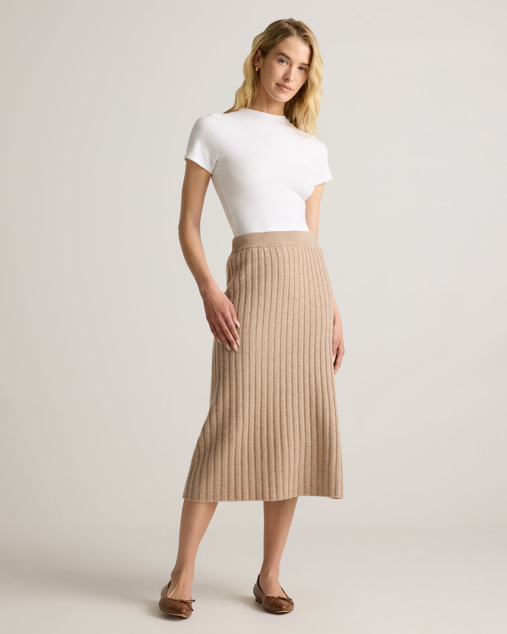 Quince Women's 100% Grade A Mongolian Cashmere Ribbed Midi Skirt