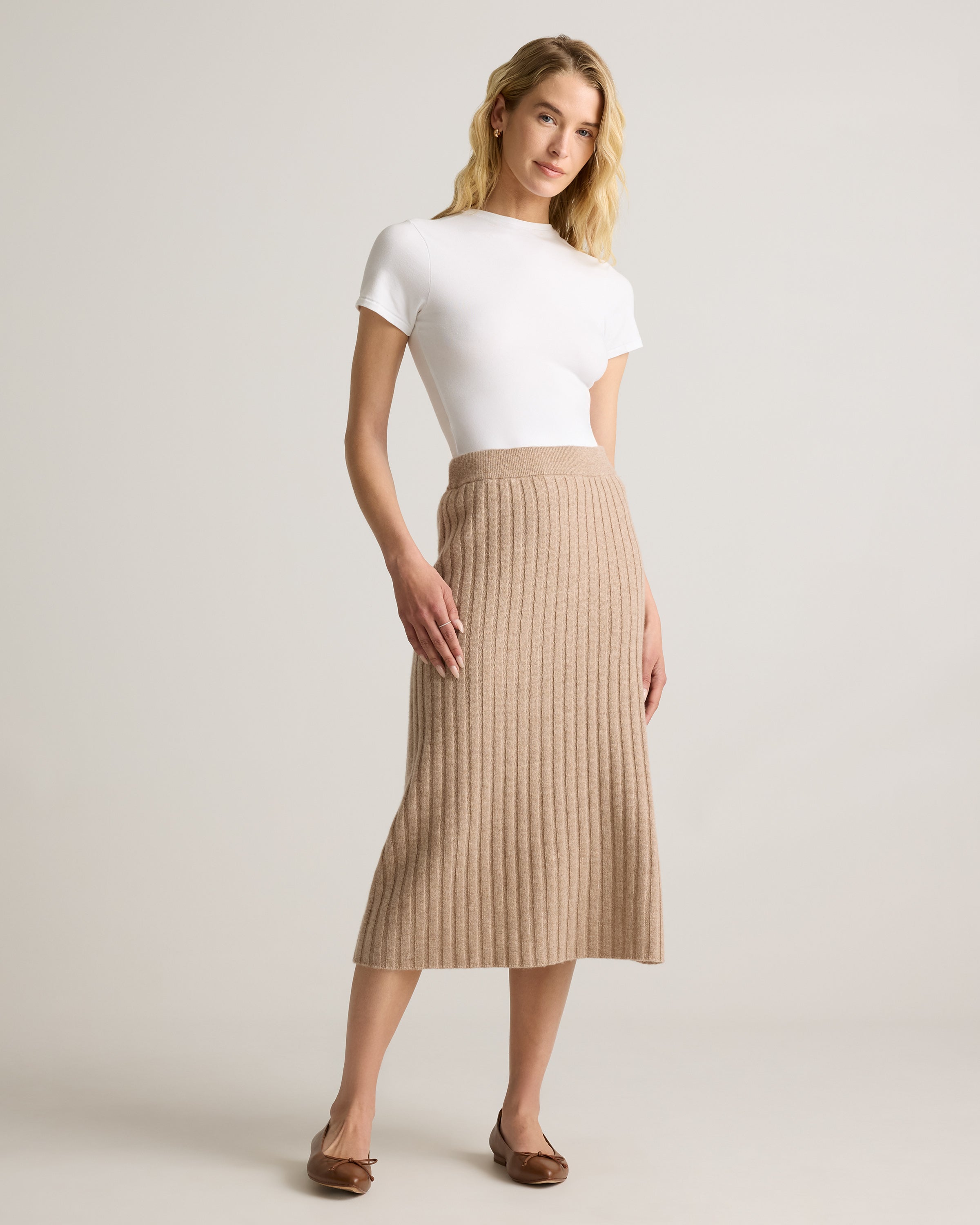 Quince Women's 100% Grade A Mongolian Cashmere Ribbed Midi Skirt