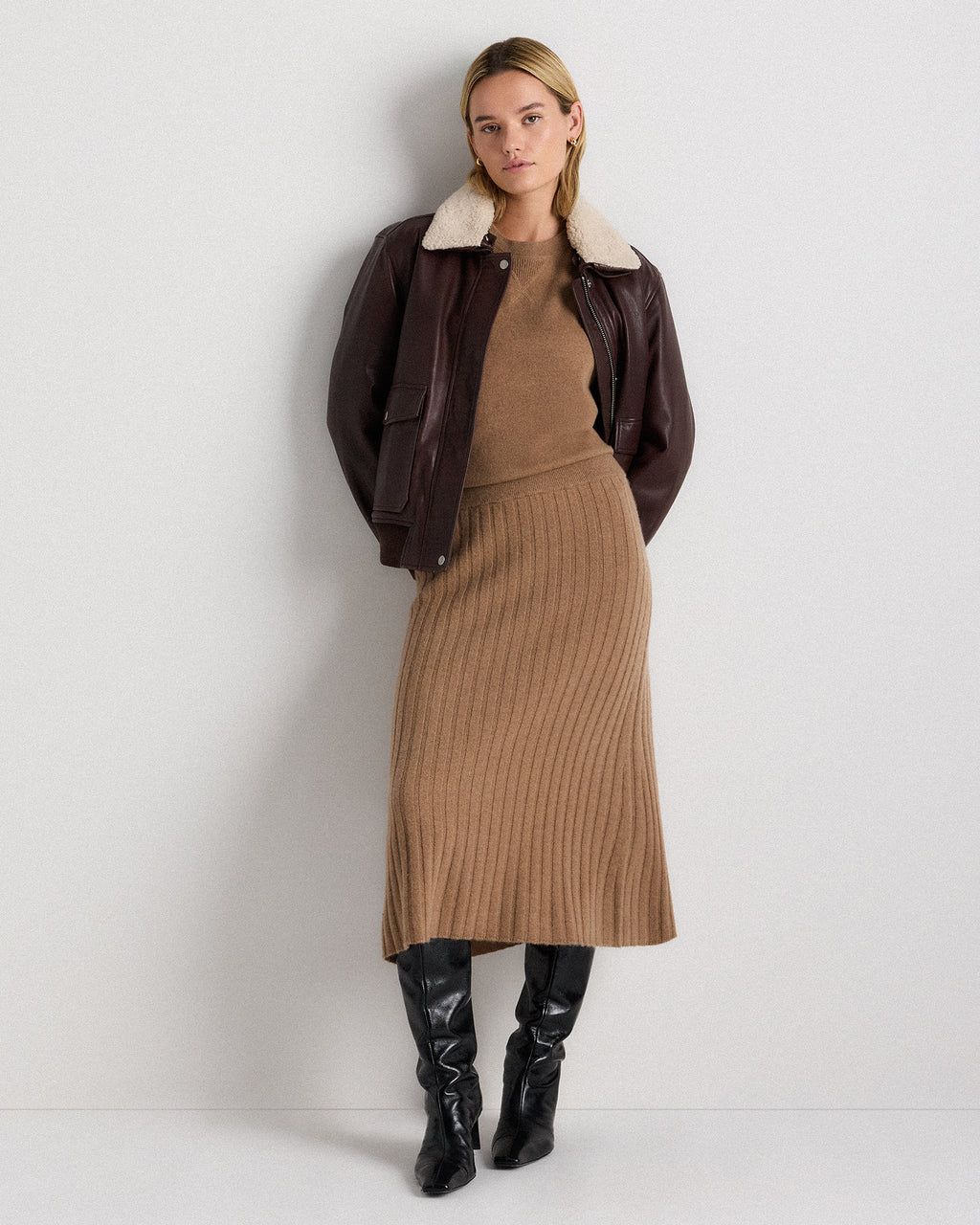 Quince Women's 100% Grade A Mongolian Cashmere Ribbed Midi Skirt