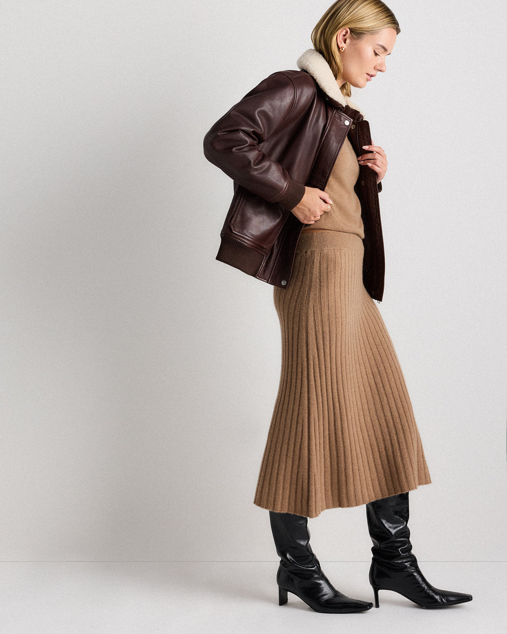 Quince Women's 100% Grade A Mongolian Cashmere Ribbed Midi Skirt