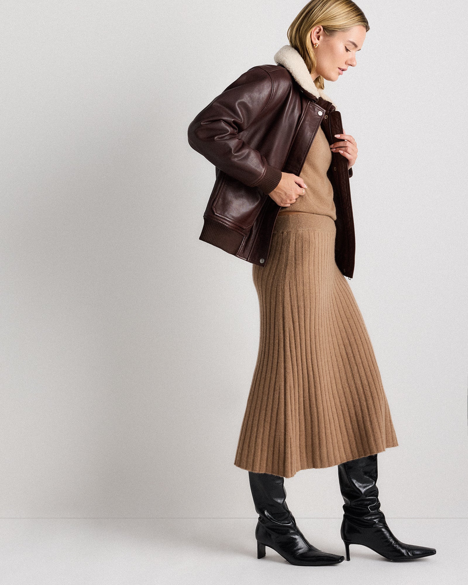 Quince Women's 100% Grade A Mongolian Cashmere Ribbed Midi Skirt